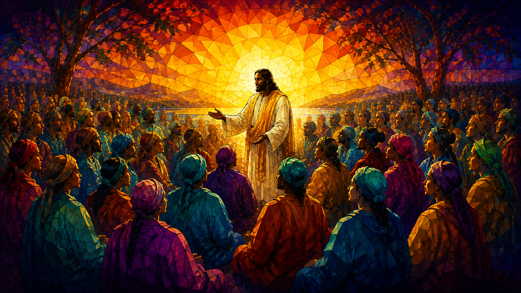 Stained-glass artwork of Christ speaking to a gathered congregation